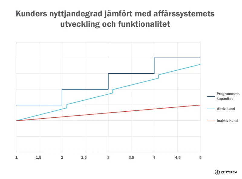 Matris över kundens nyttjandegrad jämfört med affärssystemets utveckling och funktionalitet visar skillnader mellan aktiv och Inaktiv kund samt programmets kapacitet.