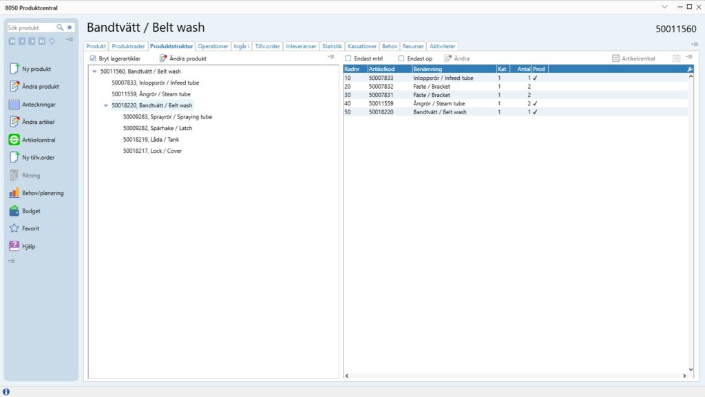 En bild som visar en produktstruktur / BOM i Pyramids produktcentral