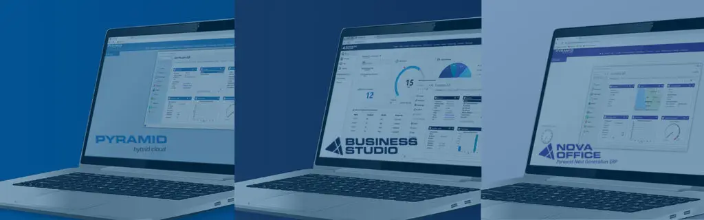 Illustration med tre laptops som visra tre olika utgåvor av affärssystemet från Vitec Pyramid ERP
